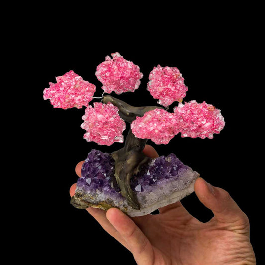 Rose Quartz Gemstone Tree on Amethyst Crystal Base – Healing Home Decor