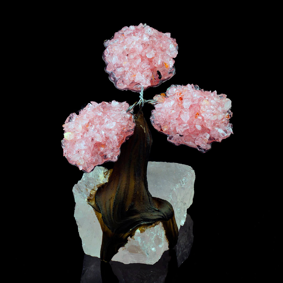 Rose Quartz Gem Tree on Natural Quartz Base – Healing Crystal Bonsai Sculpture