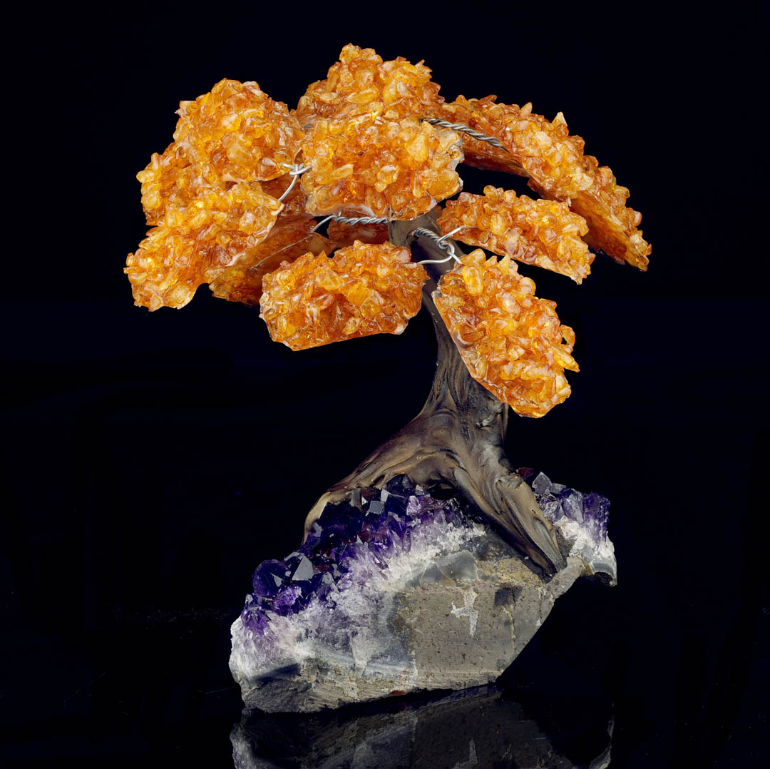 Genuine Citrine Gemstone Tree on Amethyst Stone Base – Large Decorative Display Piece