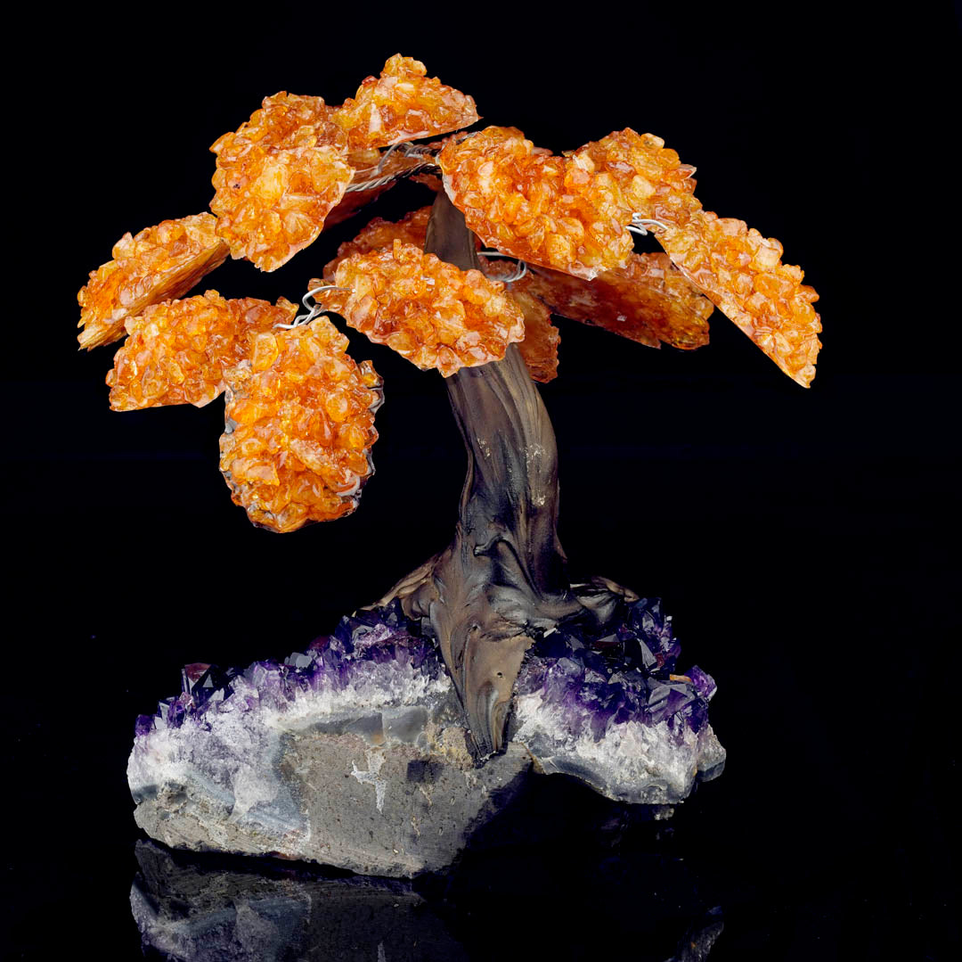 Genuine Citrine Gemstone Tree on Amethyst Stone Base – Large Decorative Display Piece