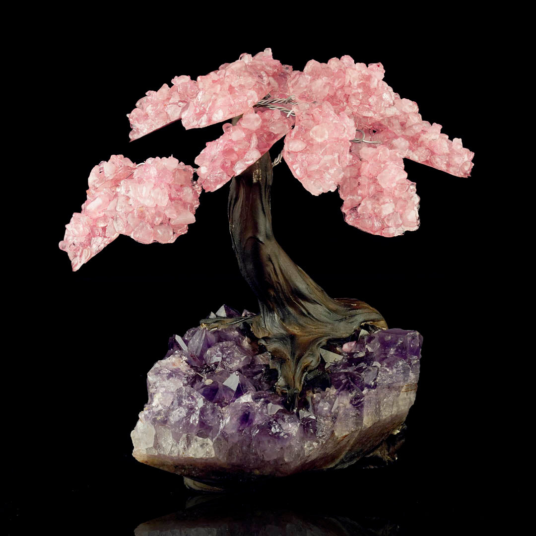 Beautiful Rose Quartz Gemstone Tree on Amethyst Stone Base – Large Decorative Display Piece