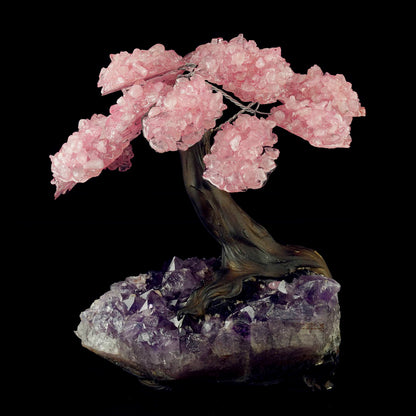 Beautiful Rose Quartz Gemstone Tree on Amethyst Stone Base – Large Decorative Display Piece