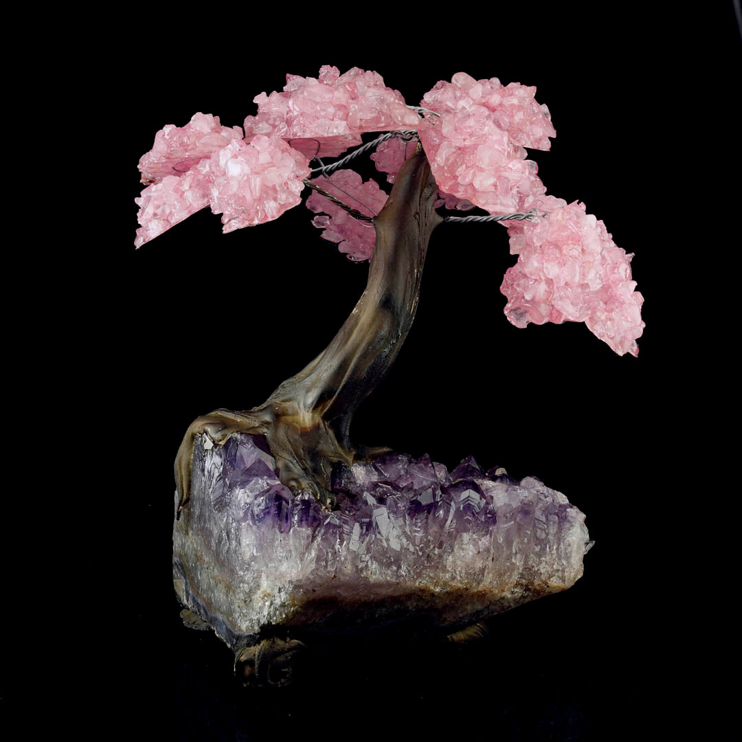 Beautiful Rose Quartz Gemstone Tree on Amethyst Stone Base – Large Decorative Display Piece