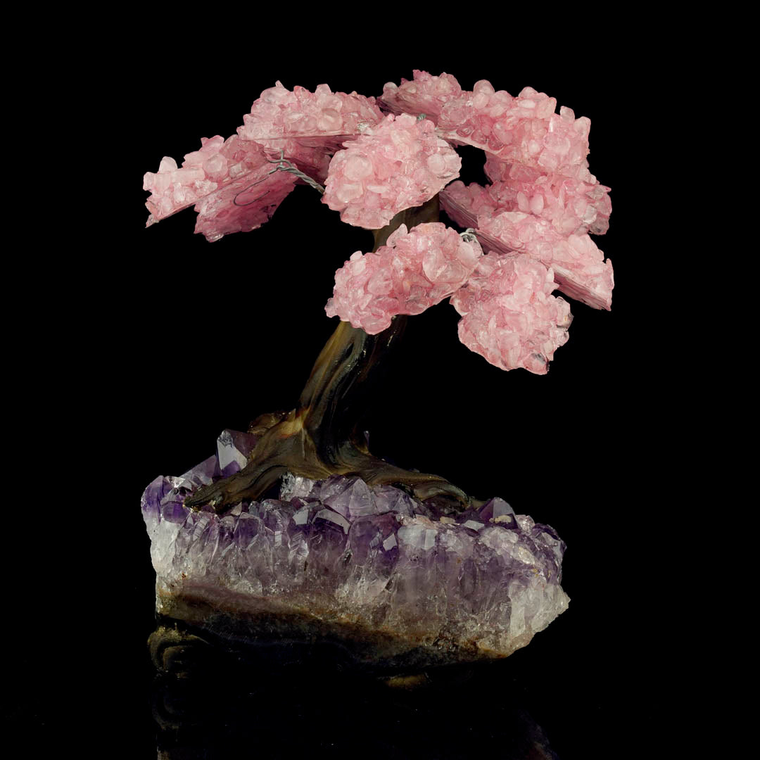 Beautiful Rose Quartz Gemstone Tree on Amethyst Stone Base – Large Decorative Display Piece