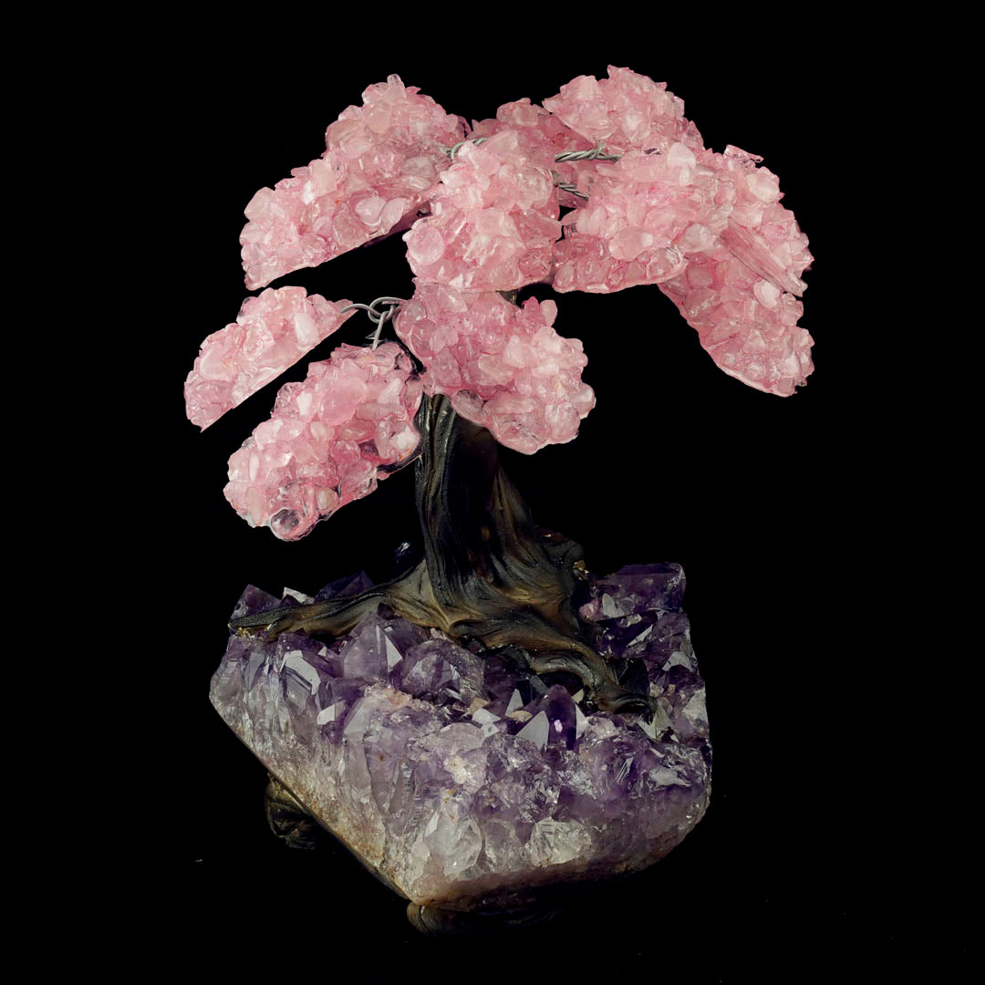 Beautiful Rose Quartz Gemstone Tree on Amethyst Stone Base – Large Decorative Display Piece