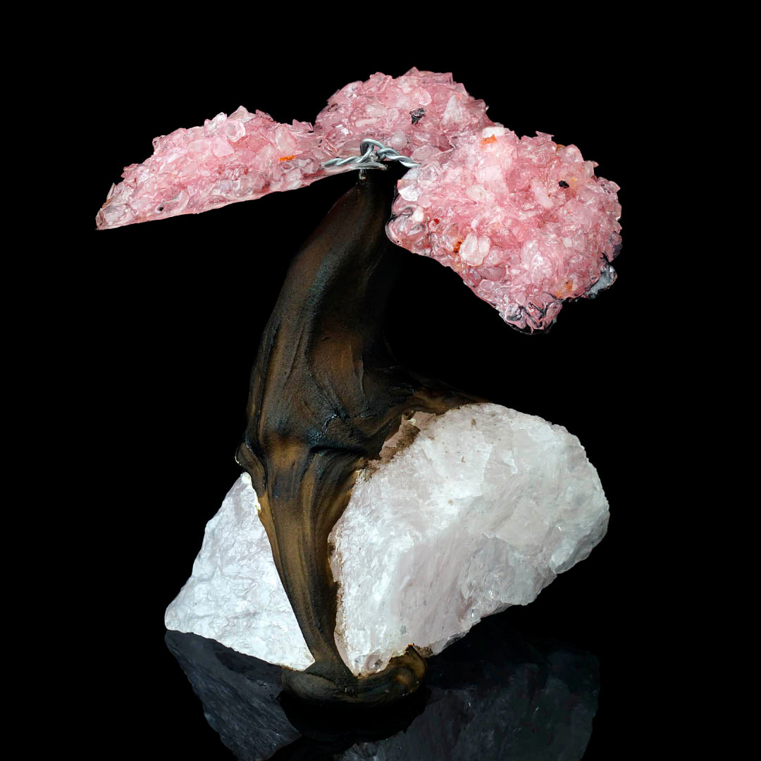 Rose Quartz Gem Tree on Natural Quartz Base – Healing Crystal Bonsai Sculpture
