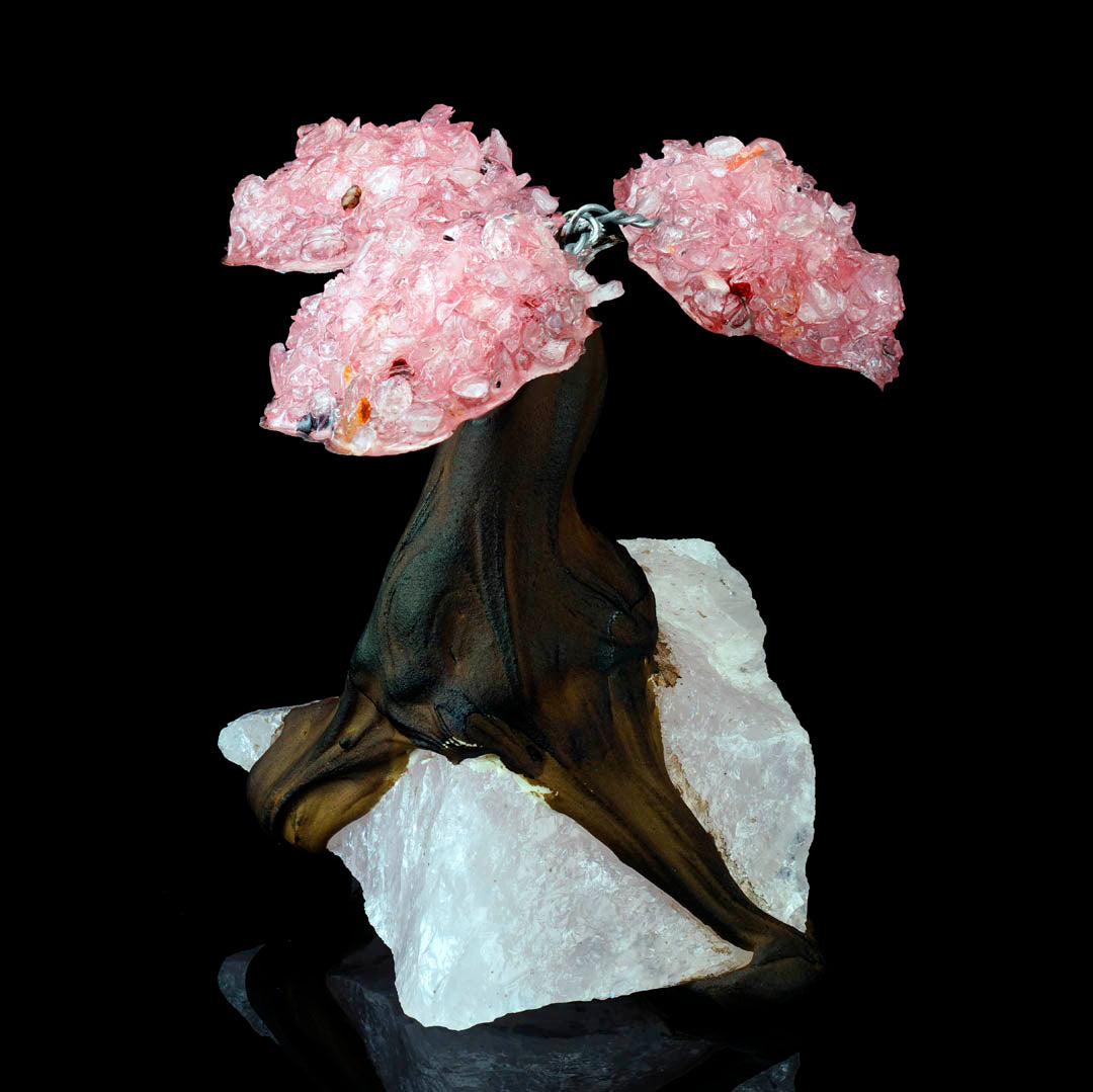 Rose Quartz Gem Tree on Natural Quartz Base – Healing Crystal Bonsai Sculpture