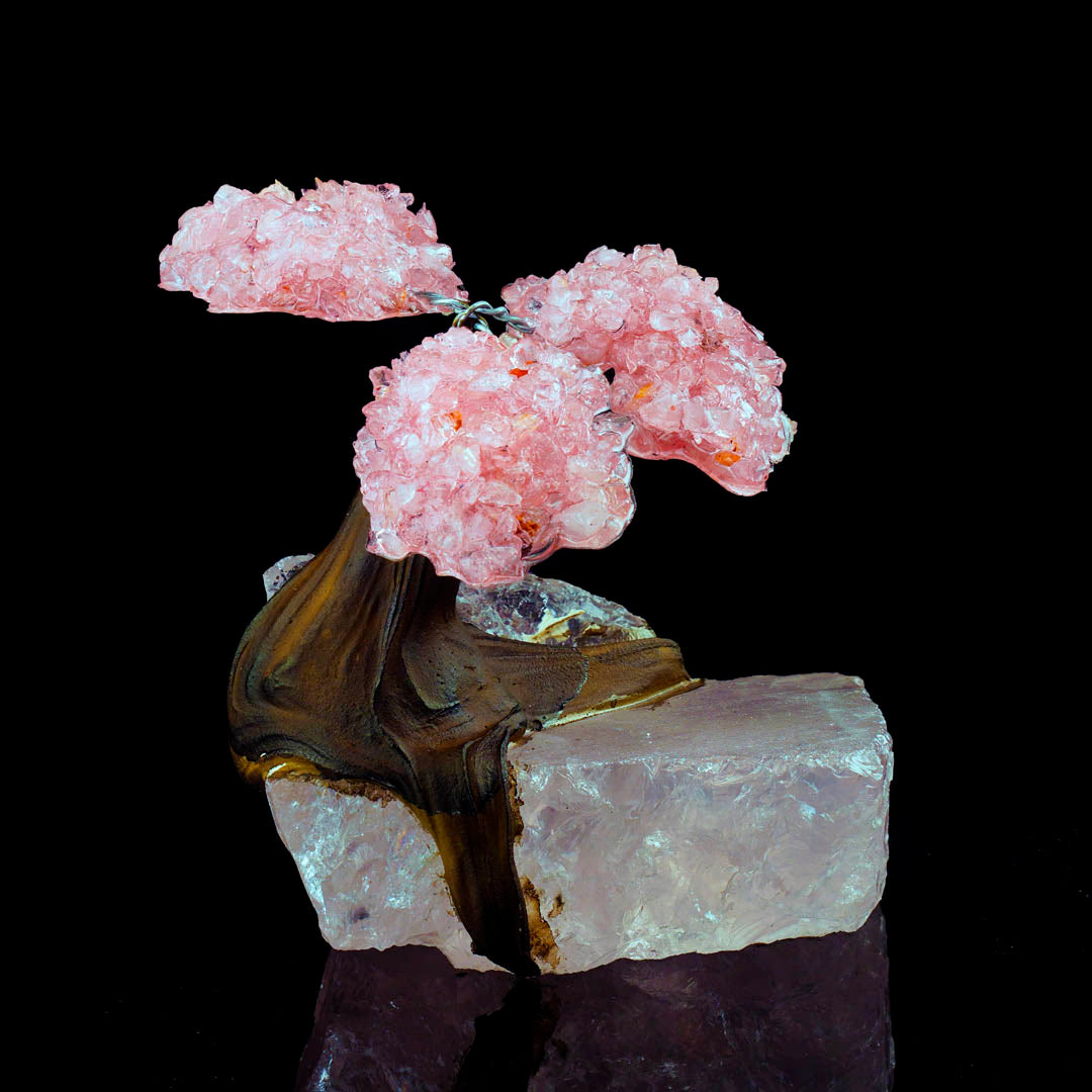 Rose Quartz Gem Tree on Natural Quartz Base – Healing Crystal Bonsai Sculpture