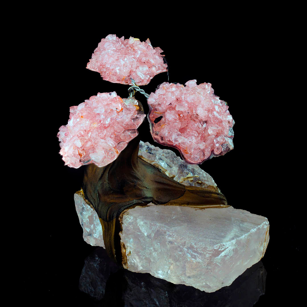 Rose Quartz Gem Tree on Natural Quartz Base – Healing Crystal Bonsai Sculpture