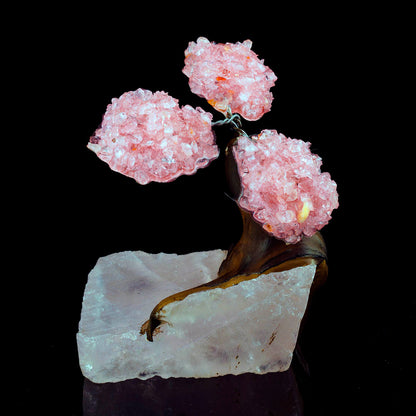 Rose Quartz Gem Tree on Natural Quartz Base – Healing Crystal Bonsai Sculpture
