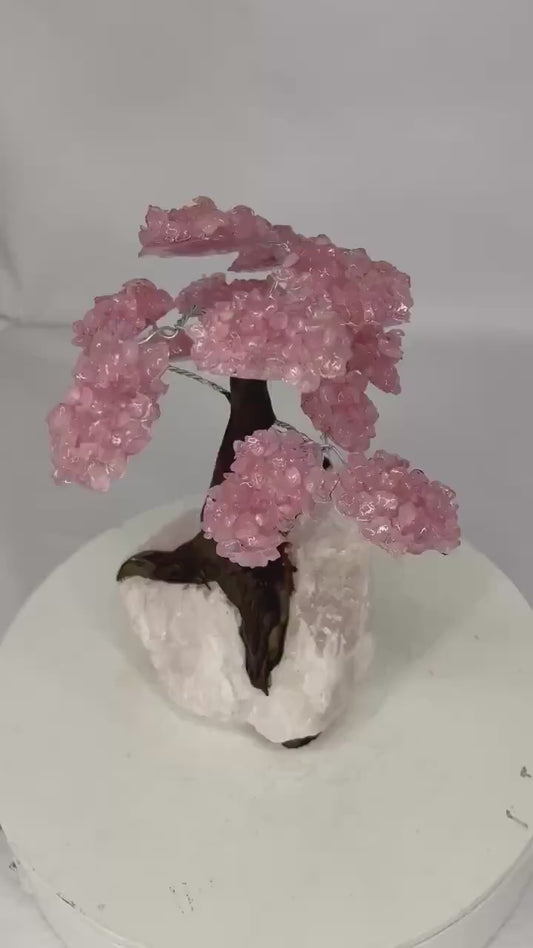 Radiant Rose Quartz Gemstone Tree on Rose Quartz Stone Base – Large Decorative Display Piece